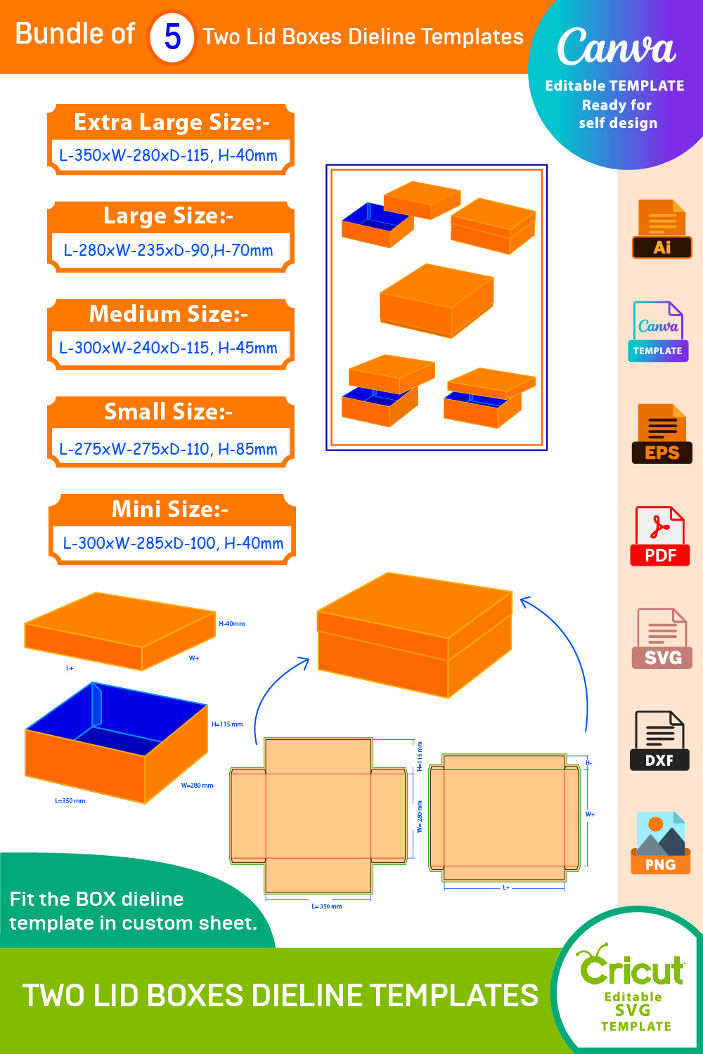 Bundle of 5 Two Lid Boxes Dieline Templates pinterest preview image.