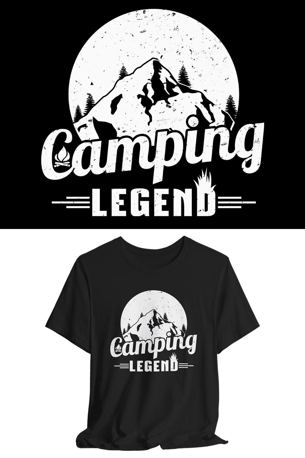 Camping Legend - Distressed Camper Illustration pinterest preview image.