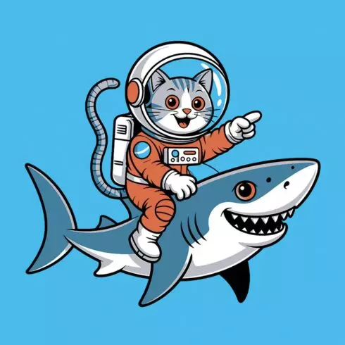 Cat Astronaut Riding a Shark in Space EPS Vector file cover image.