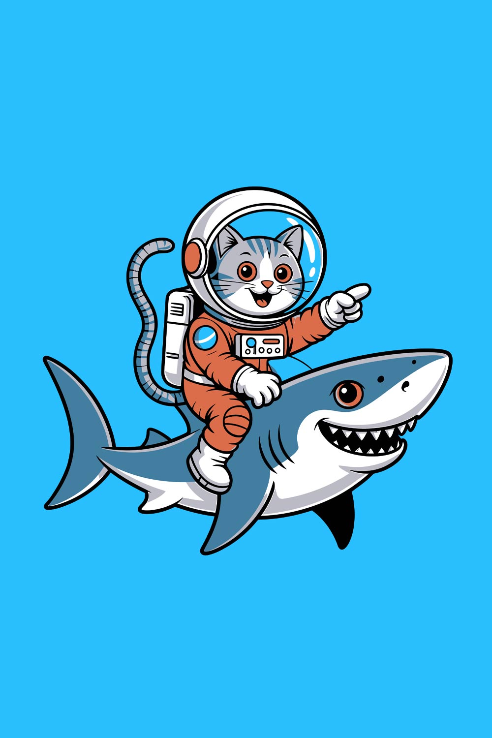 Cat Astronaut Riding a Shark in Space EPS Vector file pinterest preview image.