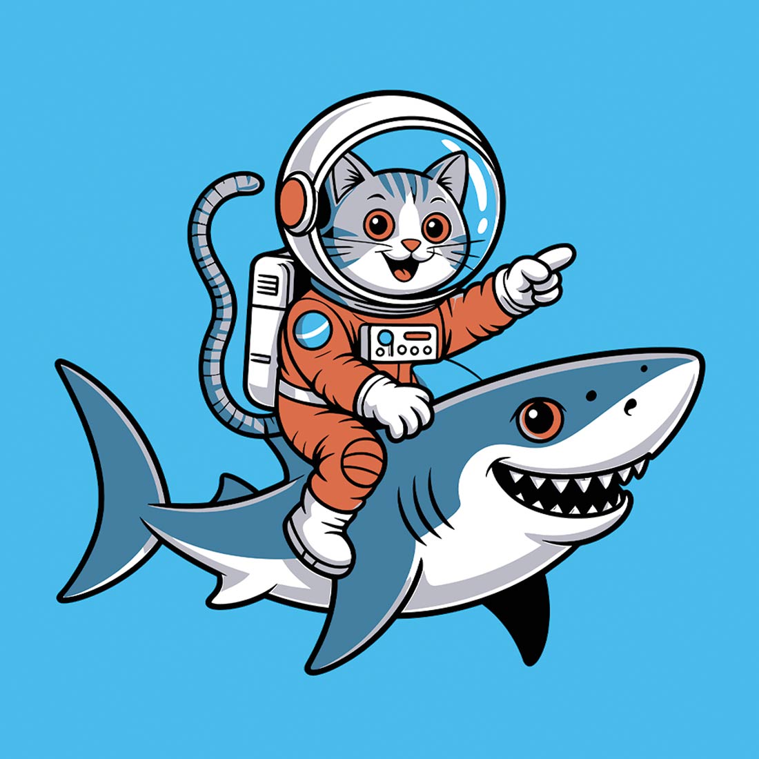 Cat Astronaut Riding a Shark in Space EPS Vector file preview image.