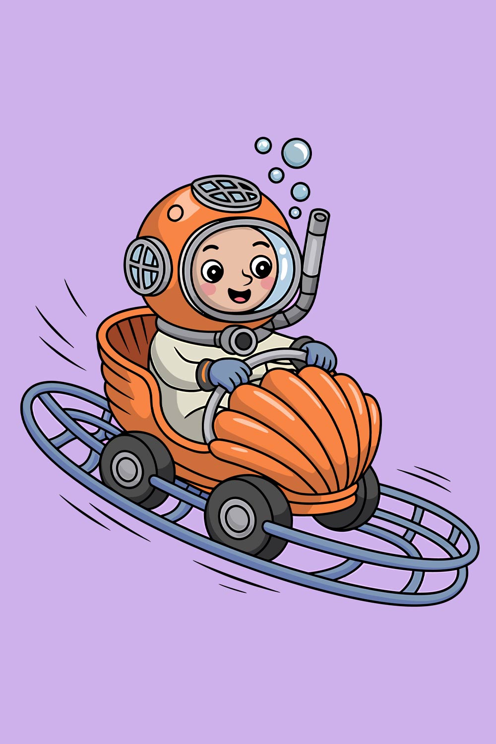 Child Diver in a Seashell Car Underwater EPS Vector file pinterest preview image.