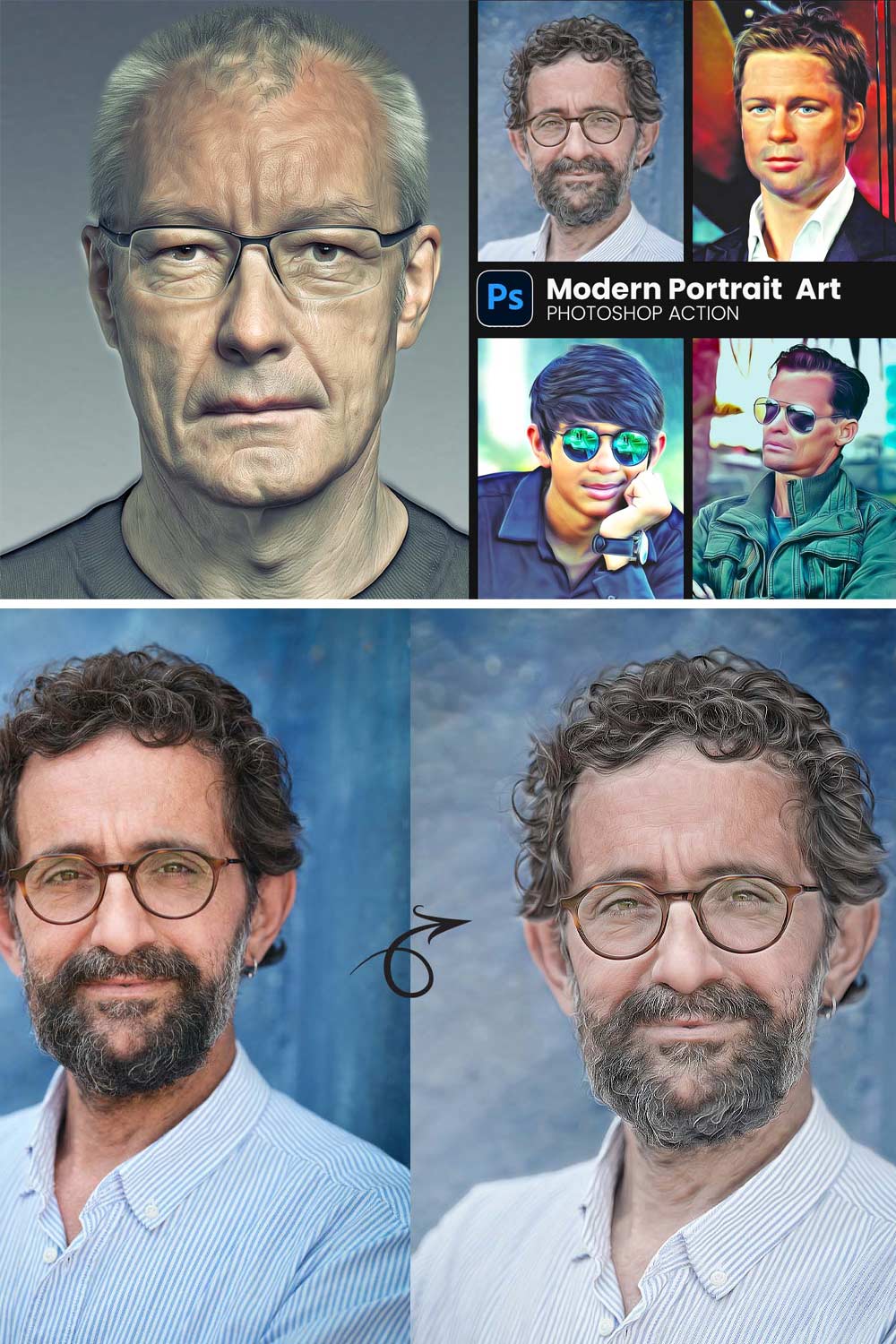 Modern Portrait Art Photoshop Action pinterest preview image.