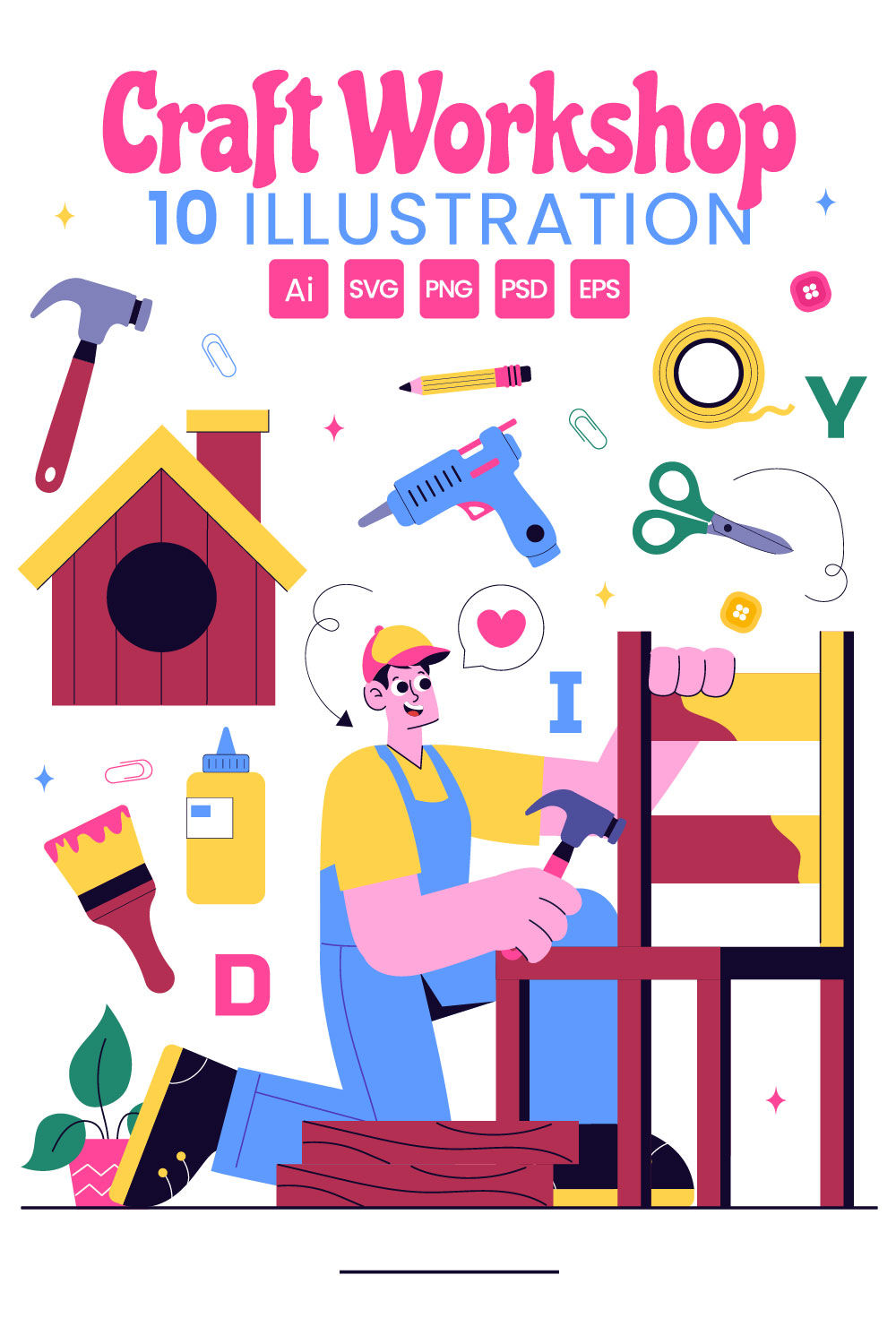10 DIY Craft Workshop Illustration pinterest preview image.