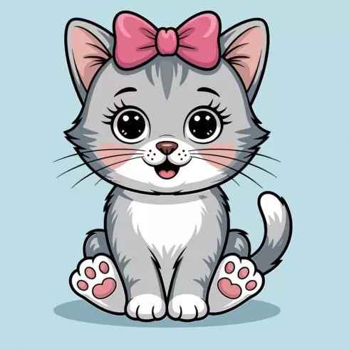 Cute Cartoon Kitten with Pink Bow EPS Vector file cover image.