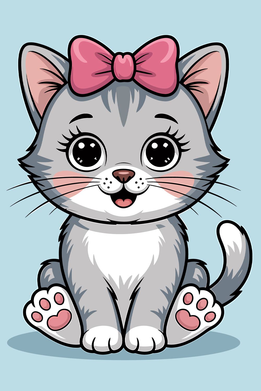 Cute Cartoon Kitten with Pink Bow EPS Vector file pinterest preview image.