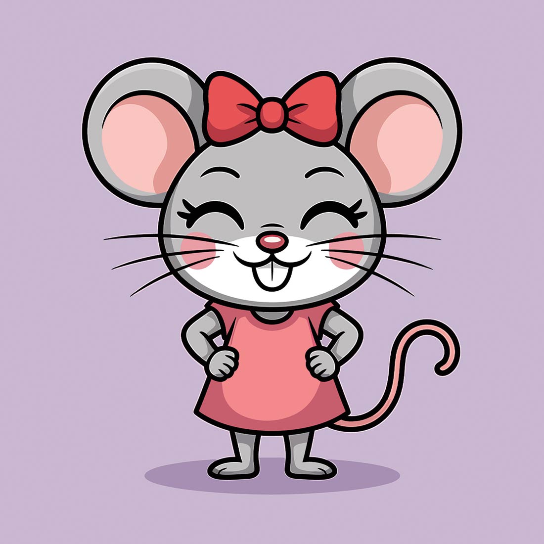 Cute cartoon mouse with a pink bow and dress EPS Vector file preview image.