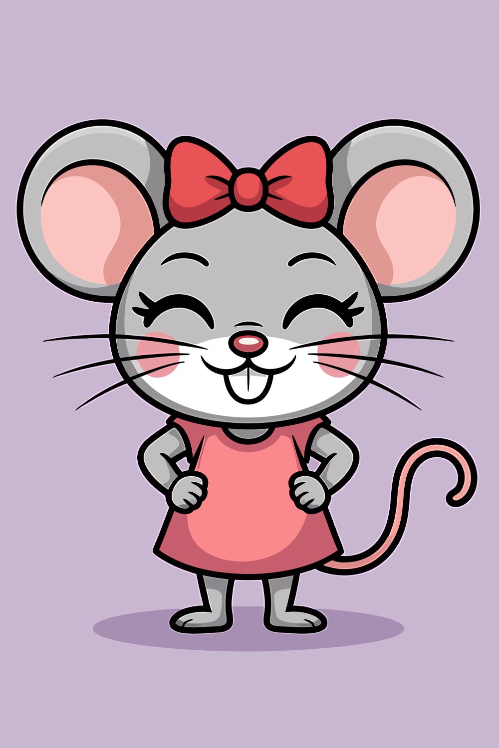 Cute cartoon mouse with a pink bow and dress EPS Vector file pinterest preview image.
