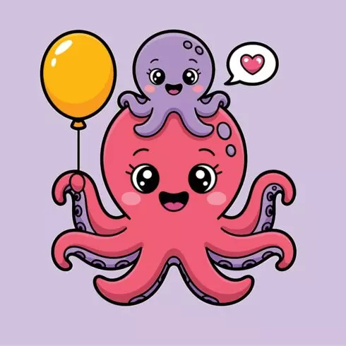Cute cartoon octopus with a balloon and a baby octopus EPS Vector file cover image.