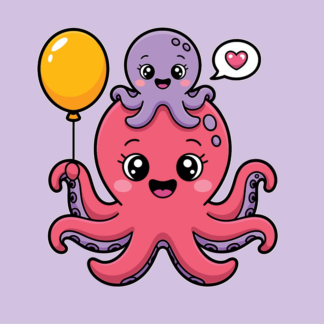 Cute cartoon octopus with a balloon and a baby octopus EPS Vector file cover image.