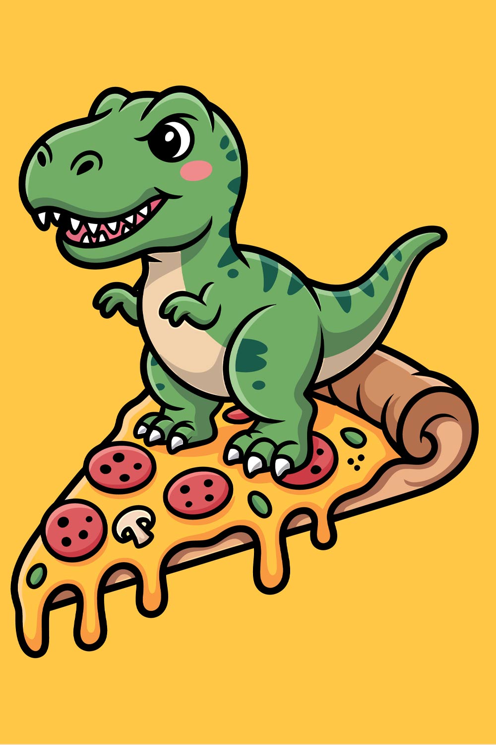 Cute Cartoon T-Rex Riding a Pizza Slice Cute cartoon dinosaur character with happy green face EPS Vector file pinterest preview image.