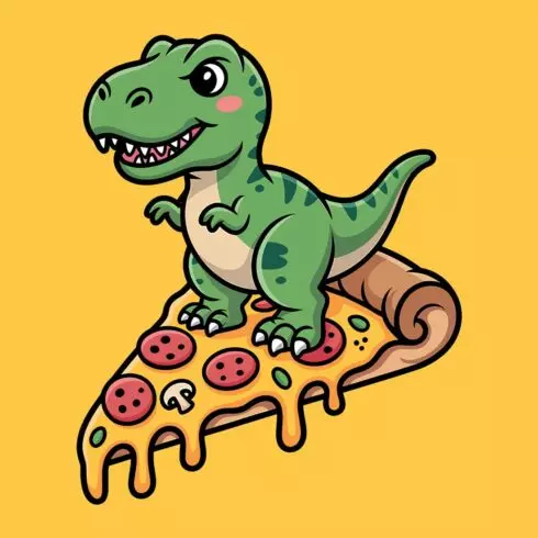 Cute Cartoon T-Rex Riding a Pizza Slice Cute cartoon dinosaur character with happy green face EPS Vector file cover image.