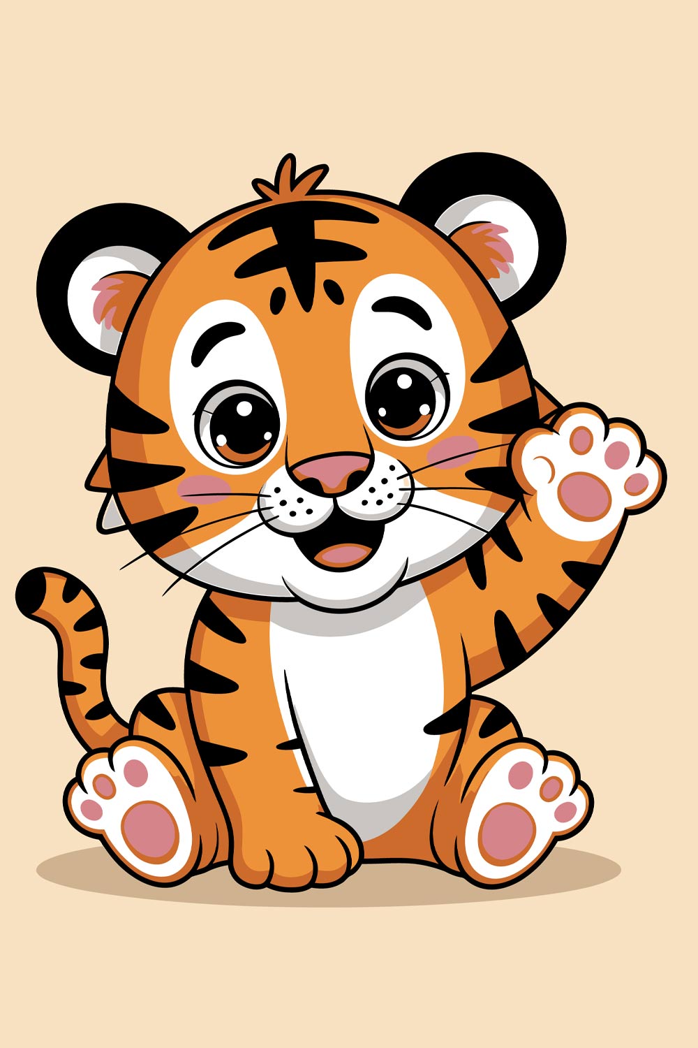 Cute cartoon tiger cub waving hello EPS Vector file pinterest preview image.