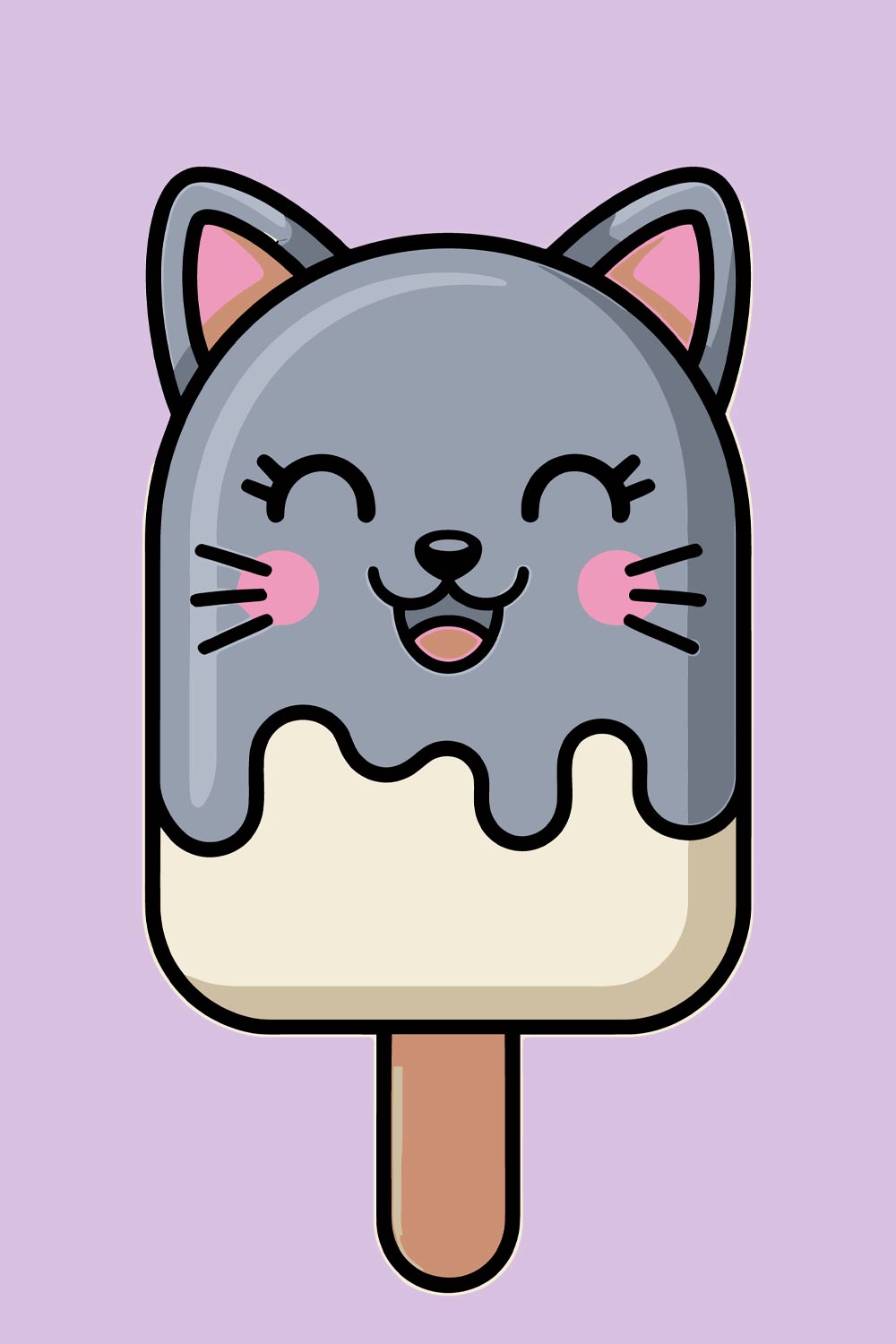Cute Cat Popsicle Illustration Cute cartoon cat holding a sweet ice cream dessert EPS Vector file pinterest preview image.