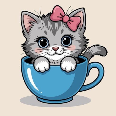 Cute Kitten in a Blue Cup with a Pink Bow Cartoon cat and mouse sitting together in a cute illustration EPS Vector file cover image.