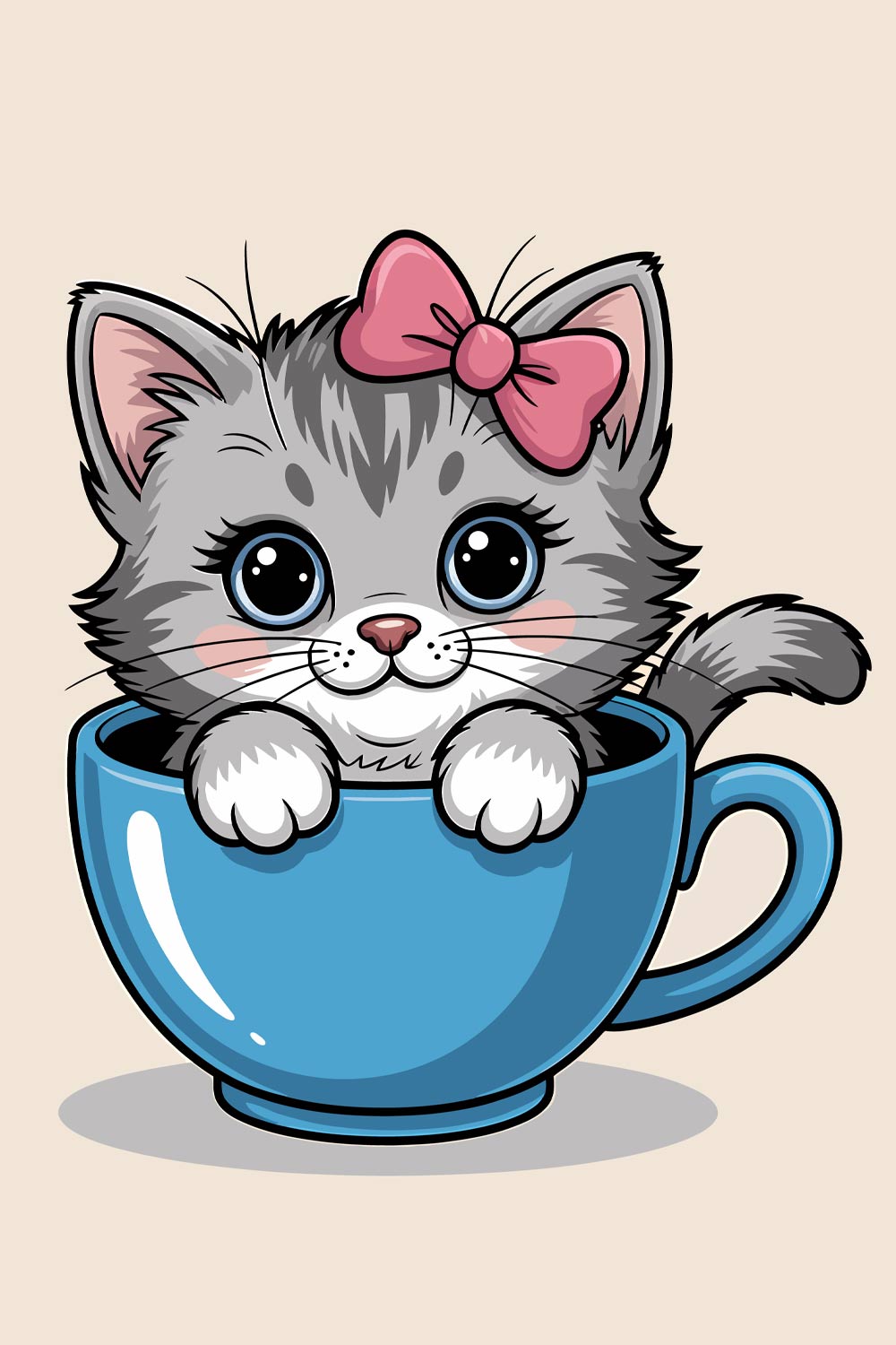 Cute Kitten in a Blue Cup with a Pink Bow Cartoon cat and mouse sitting together in a cute illustration EPS Vector file pinterest preview image.