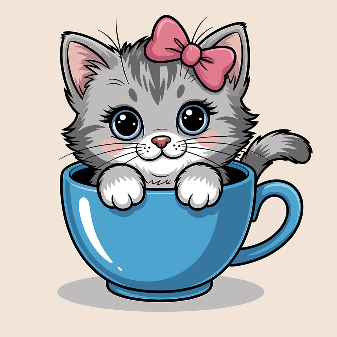 cute kitten in a blue cup with a pink bow 35 559
