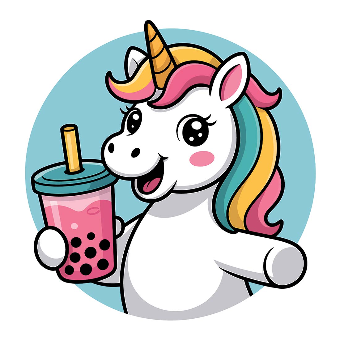Cute Unicorn Enjoying Boba Tea Funny cartoon cow holding a bottle of milk EPS Vector file preview image.