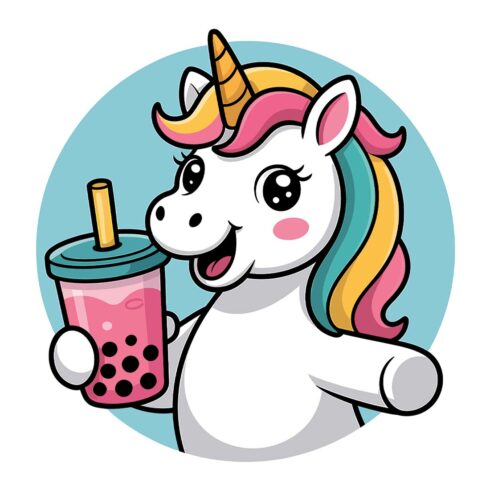 Cute Unicorn Enjoying Boba Tea Funny cartoon cow holding a bottle of milk EPS Vector file cover image.