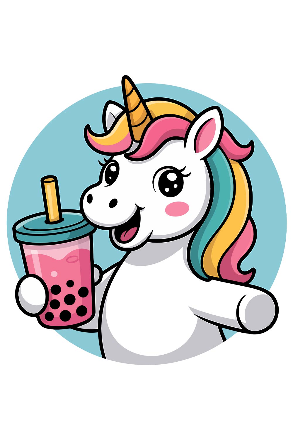 Cute Unicorn Enjoying Boba Tea Funny cartoon cow holding a bottle of milk EPS Vector file pinterest preview image.