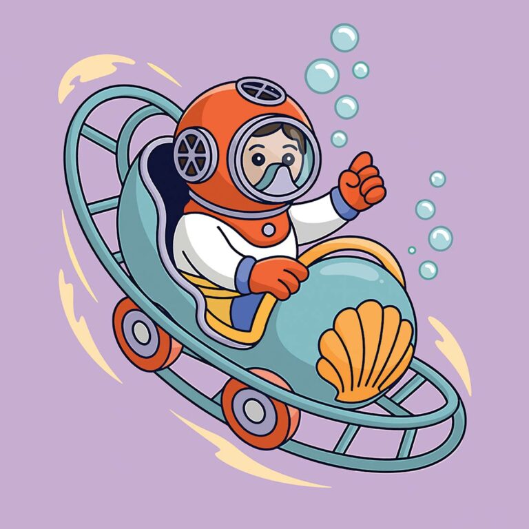 Kid Riding A Shell Diver in a sea shell amusement ride Cartoon fish swimming playfully in ...