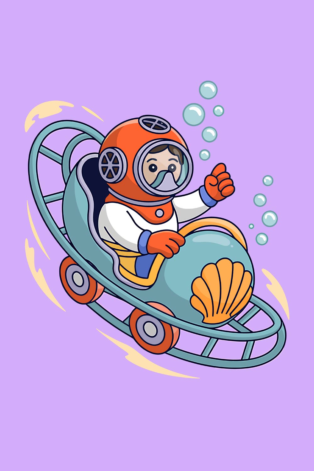 Diver in a sea shell amusement ride Cartoon fish swimming playfully in the sea water EPS Vector file pinterest preview image.