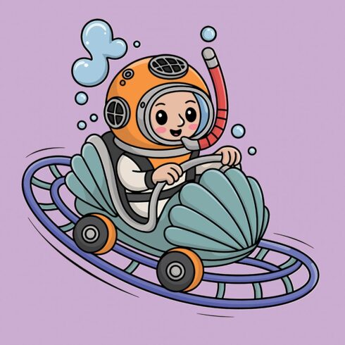 Diver on a seashell roller coaster Cartoon red car with funny driver on the road EPS Vector file cover image.