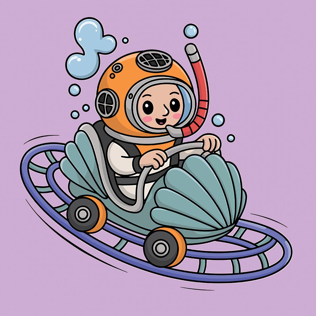 Diver on a seashell roller coaster Cartoon red car with funny driver on the road EPS Vector file cover image.