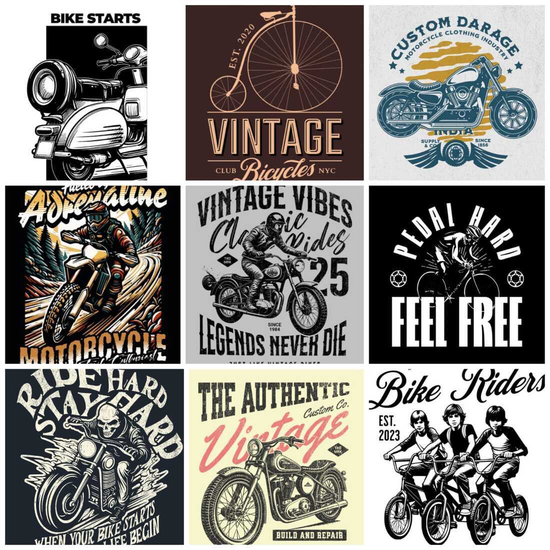 9 Vintage Bike T-Shirt Designs JPG Format Bundle preview image.