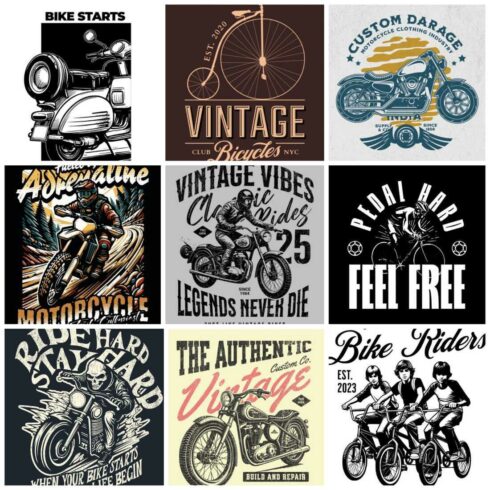 9 Vintage Bike T-Shirt Designs JPG Format Bundle cover image.