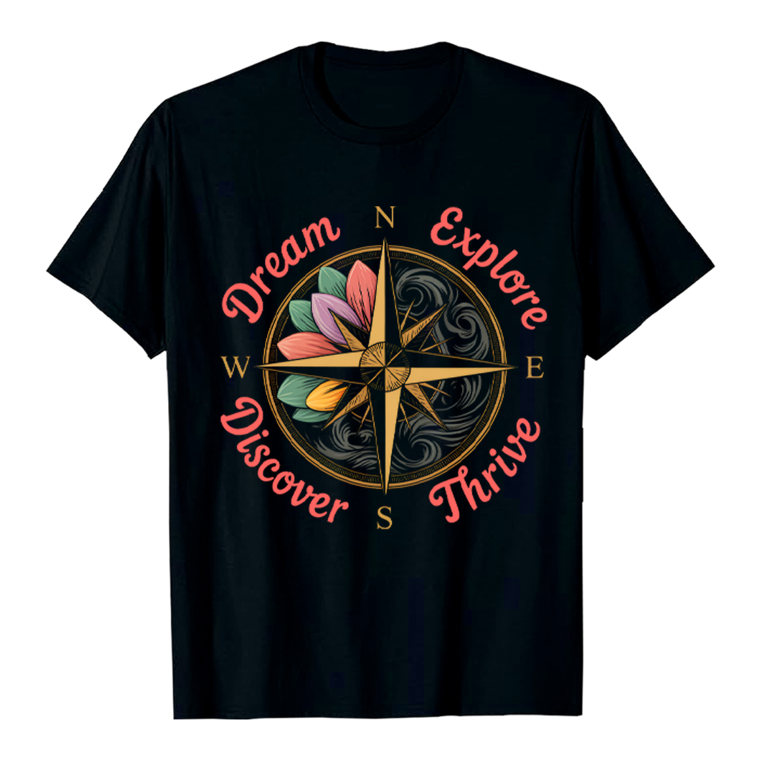 Dream Explore Discover Thrive Ornate Compass Rose with Floral Design: Dream, Explore, Discover, Thrive; Motivational Travel Concept Hiking Camping T shirt PNG File preview image.