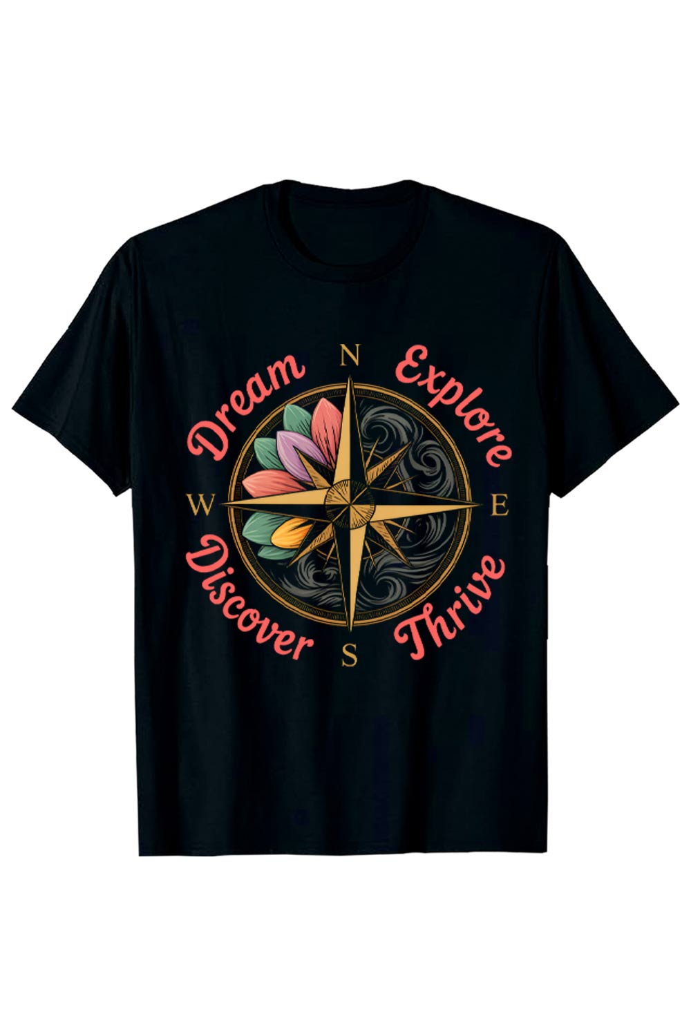 Dream Explore Discover Thrive Ornate Compass Rose with Floral Design: Dream, Explore, Discover, Thrive; Motivational Travel Concept Hiking Camping T shirt PNG File pinterest preview image.