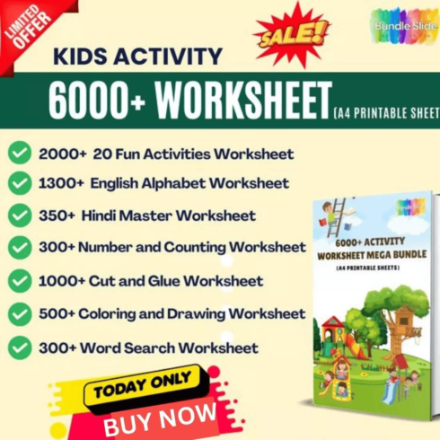 6000+ printable worksheets bundle for kids, kids worksheet, kids-activity, worksheet bundle cover image.