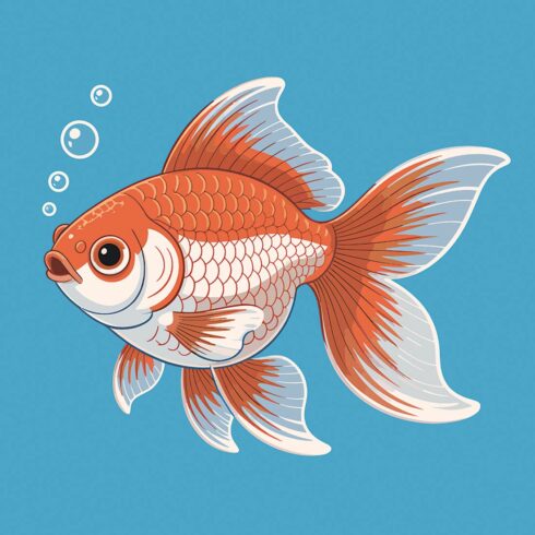 Goldfish with bubbles Goldfish swimming in a glass aquarium on a blue background EPS Vector file cover image.