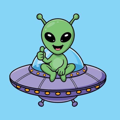 Happy Alien Giving a Thumbs Up in a UFO Cute green cartoon frog and alien insect character illustration EPS Vector file cover image.