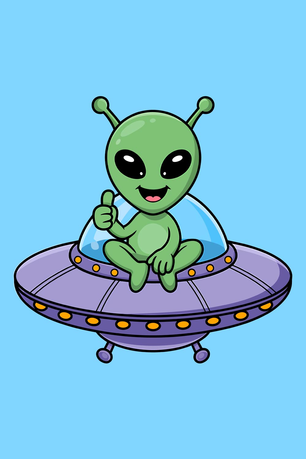 Happy Alien Giving a Thumbs Up in a UFO Cute green cartoon frog and alien insect character illustration EPS Vector file pinterest preview image.