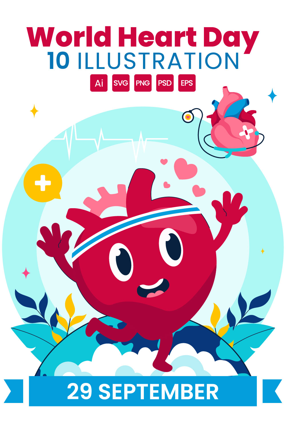 10 World Heart Day Illustration pinterest preview image.