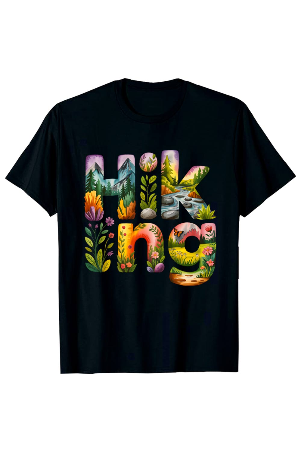 2 Design Vibrant Hiking Typography: Illustrated Letters with Nature Scenes, Mountains, Flowers, and a Butterfly Hiking Camping T shirt PNG File pinterest preview image.