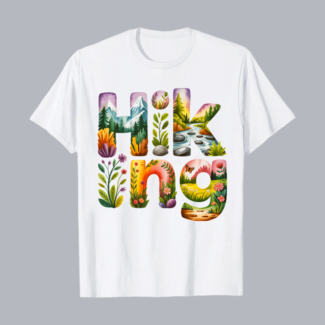 2 Design Vibrant Hiking Typography: Illustrated Letters with Nature Scenes, Mountains, Flowers, and a Butterfly Hiking Camping T shirt PNG File preview image.