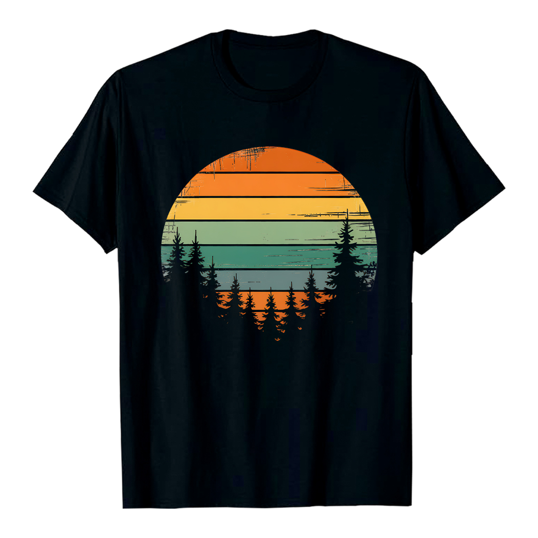 Retro Sunset Over Silhouetted Pine Trees: Vintage, Rustic, Peaceful Forest Landscape Illustration Hiking Camping T shirt PNG File preview image.
