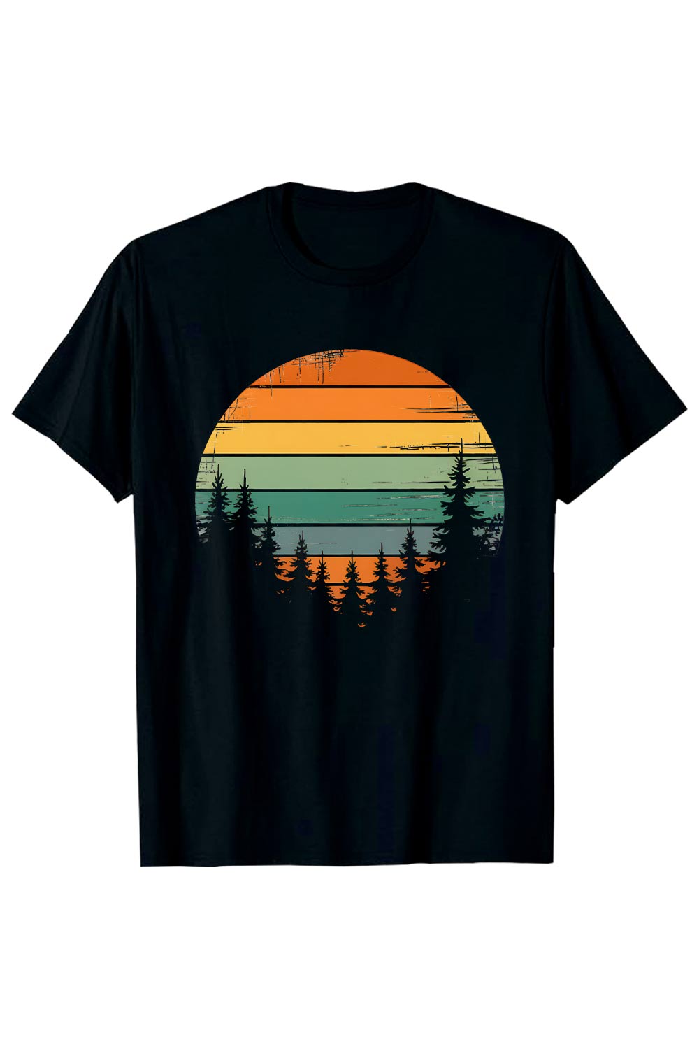 Retro Sunset Over Silhouetted Pine Trees: Vintage, Rustic, Peaceful Forest Landscape Illustration Hiking Camping T shirt PNG File pinterest preview image.