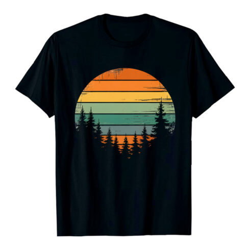 Retro Sunset Over Silhouetted Pine Trees: Vintage, Rustic, Peaceful Forest Landscape Illustration Hiking Camping T shirt PNG File cover image.