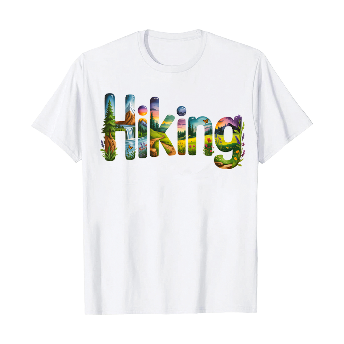 Hiking Serene Hiking Scene: Illustrated Word Art, Vibrant Nature, Peaceful Mood Hiking Camping T shirt PNG File preview image.