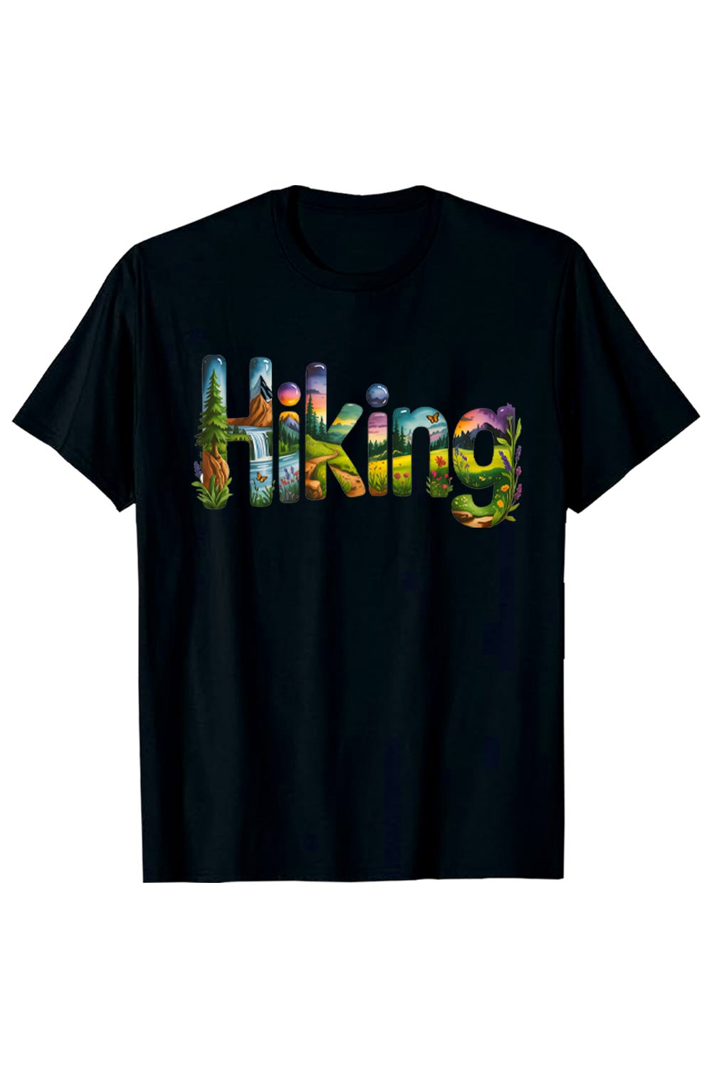 Hiking Serene Hiking Scene: Illustrated Word Art, Vibrant Nature, Peaceful Mood Hiking Camping T shirt PNG File pinterest preview image.
