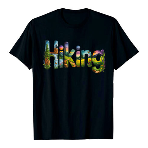 Hiking Serene Hiking Scene: Illustrated Word Art, Vibrant Nature, Peaceful Mood Hiking Camping T shirt PNG File cover image.