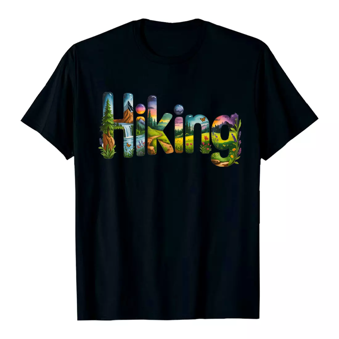 Hiking Serene Hiking Scene: Illustrated Word Art, Vibrant Nature, Peaceful Mood Hiking Camping T shirt PNG File cover image.