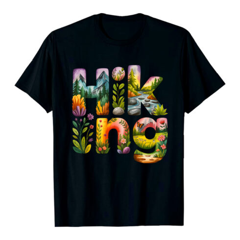 2 Design Vibrant Hiking Typography: Illustrated Letters with Nature Scenes, Mountains, Flowers, and a Butterfly Hiking Camping T shirt PNG File cover image.