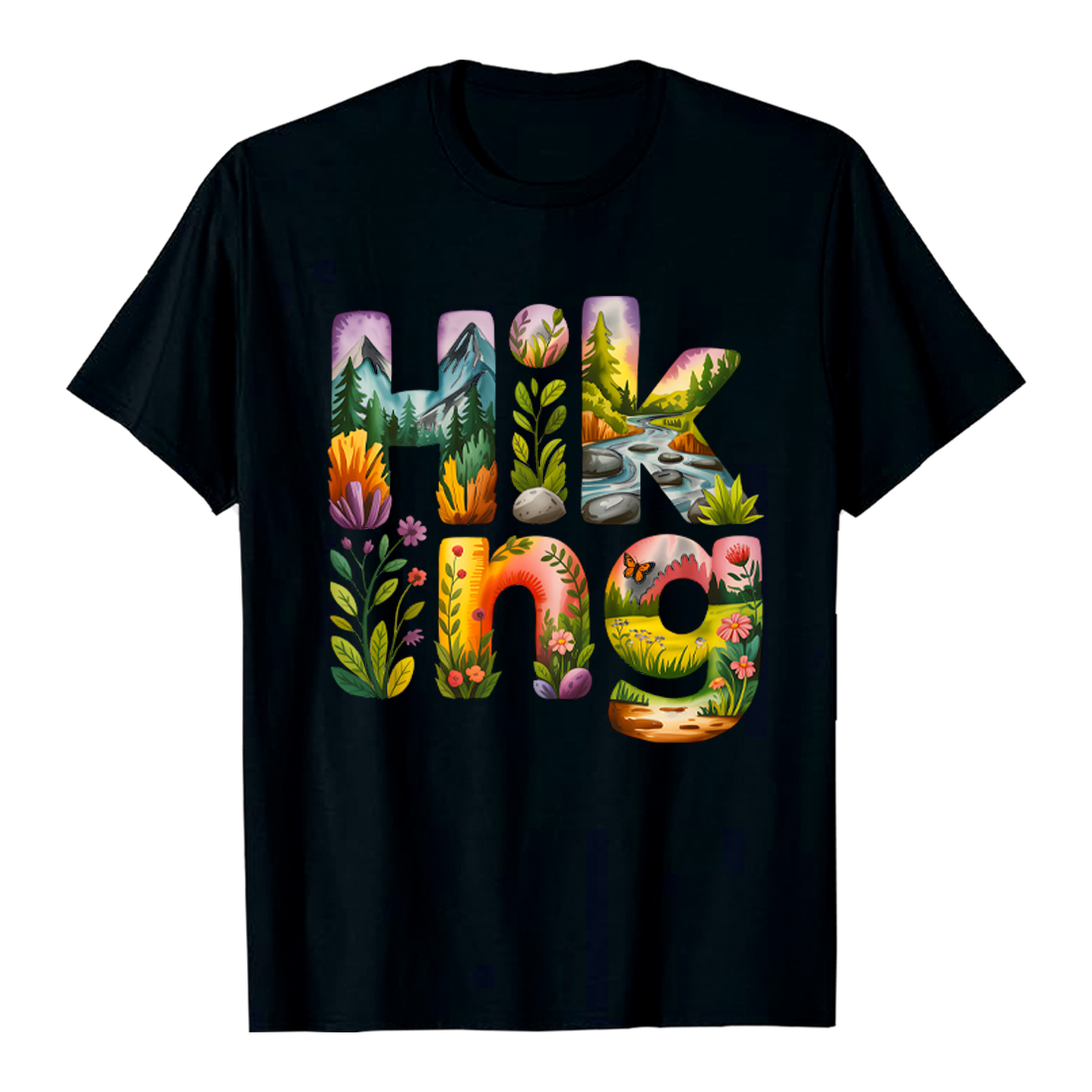 2 Design Vibrant Hiking Typography: Illustrated Letters with Nature Scenes, Mountains, Flowers, and a Butterfly Hiking Camping T shirt PNG File cover image.