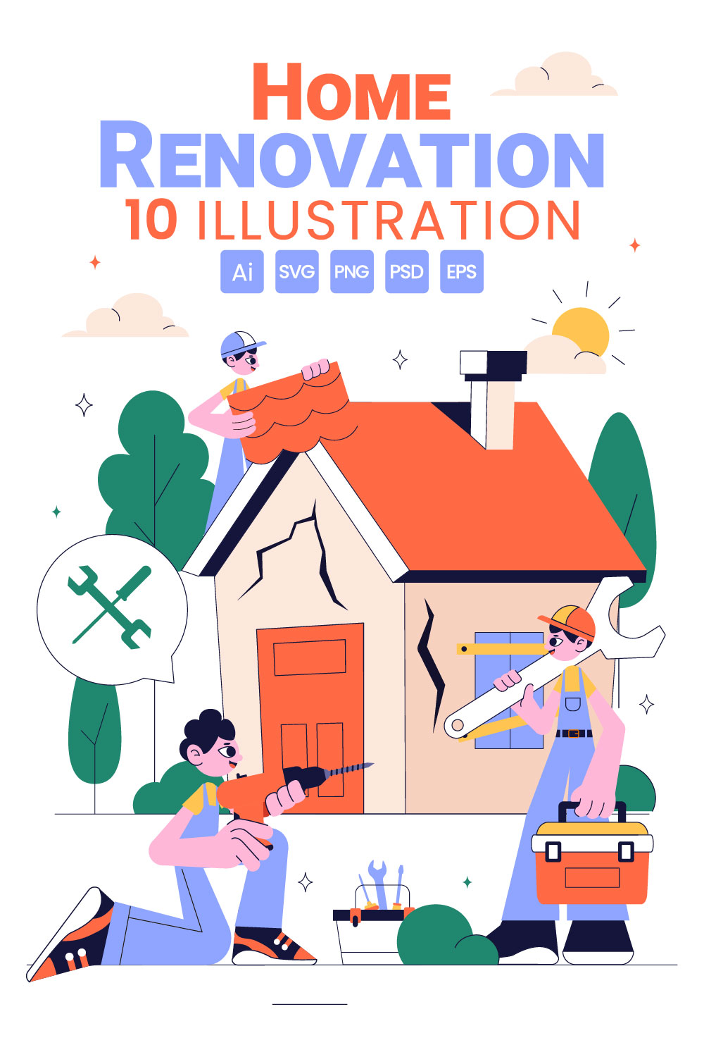 10 Home Renovation or Repair Service Illustration pinterest preview image.