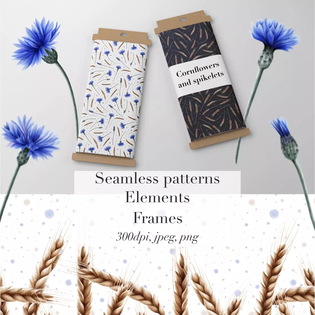 Cornflowers and Spikelets – Watercolor Set png elements + patterns + frames cover image.